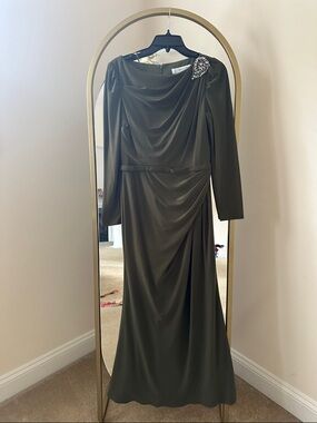Mac Duggal Olive Green Long Sleeve Draped Evening Gown with Brooch